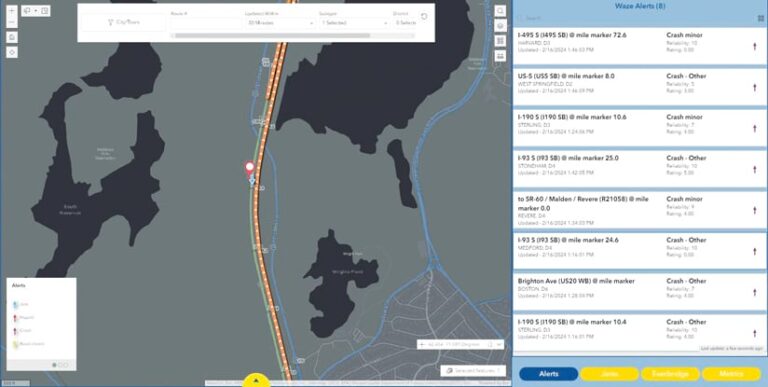 A dashboard showing, on the left, a map of a highway with traffic data and an alert and, on the right, information about various crashes