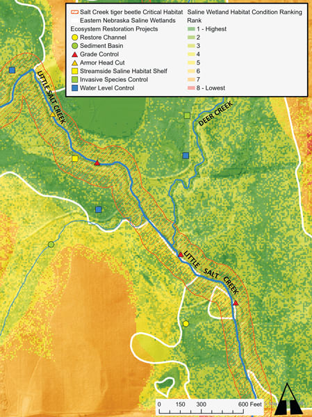 An orange, green, and yellow map shows creeks and wetland areas.