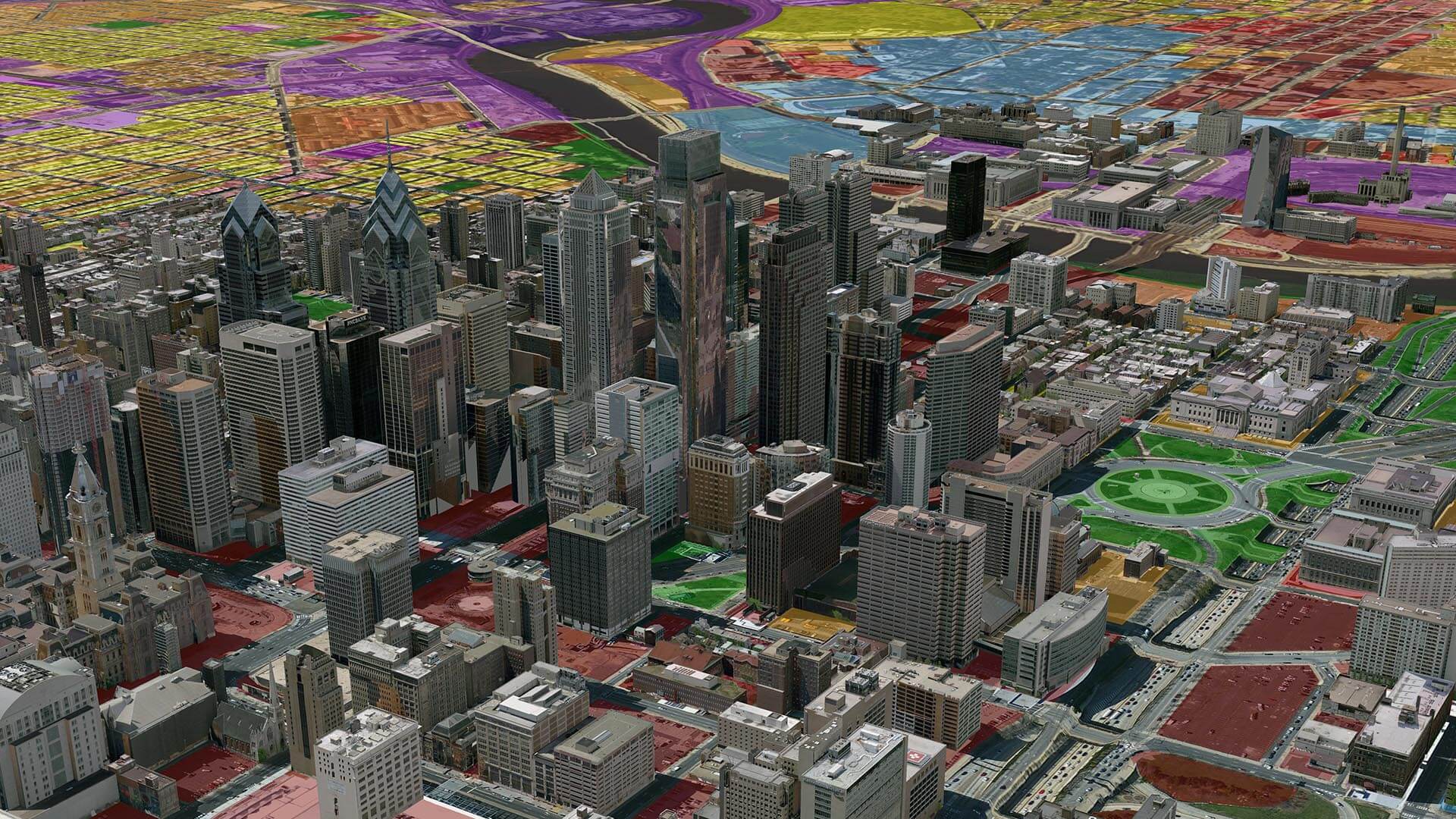 This 3D cityscape shows the interplay of geography and business
