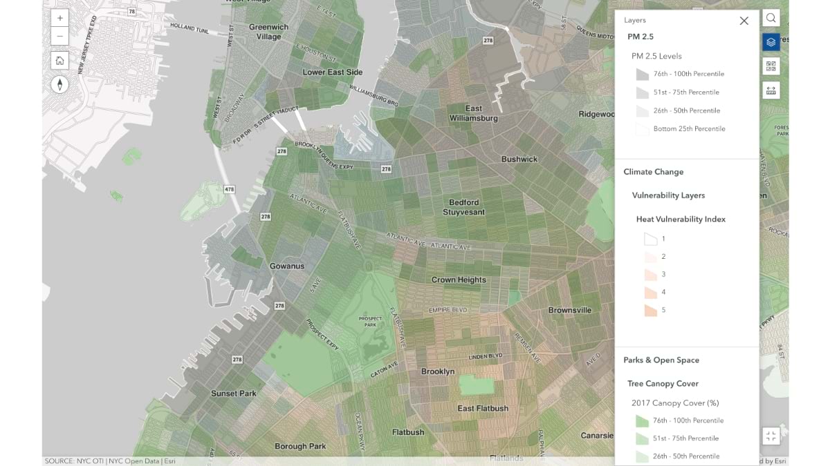 Screenshot of EJNYC comparison of heat vulnerability with disadvantaged communities