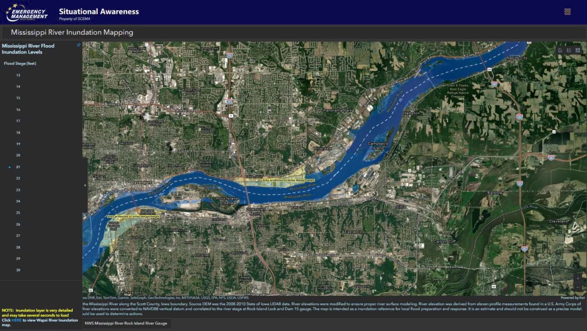 An inundation map of the Mississippi River in Scott County, Iowa