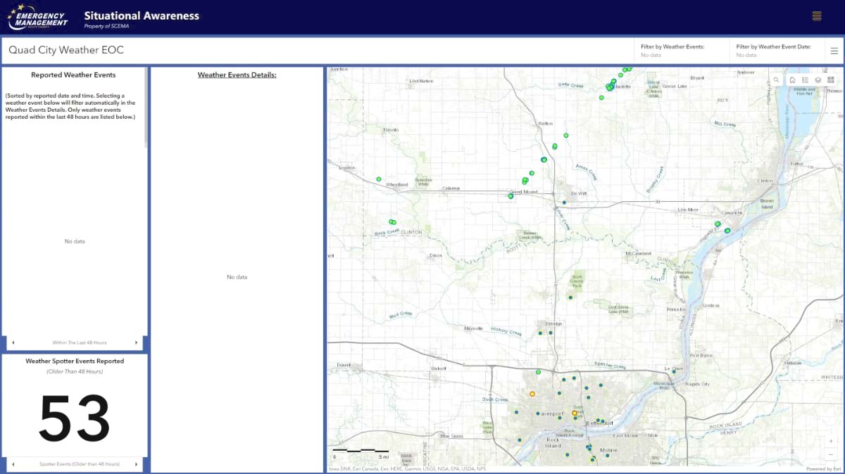 A map of weather events in the Quad City area of Iowa