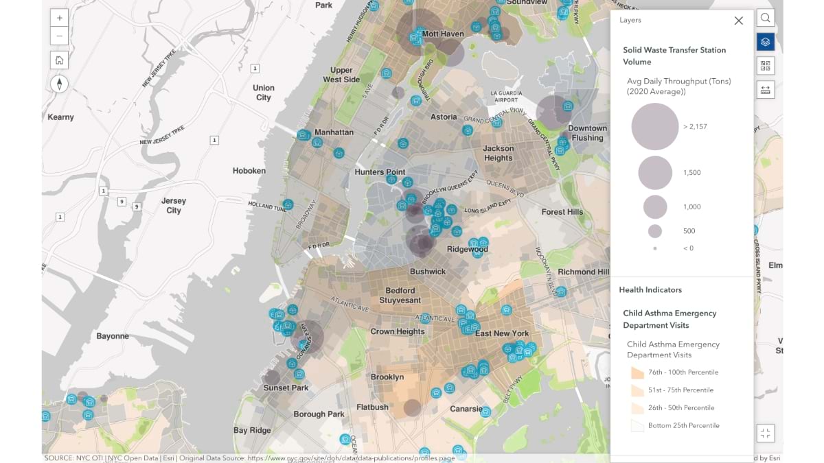 Screenshot of park space and childhood asthma emergency room visits are displayed alongside the locations of neighborhood bus depots and waste transfer stations