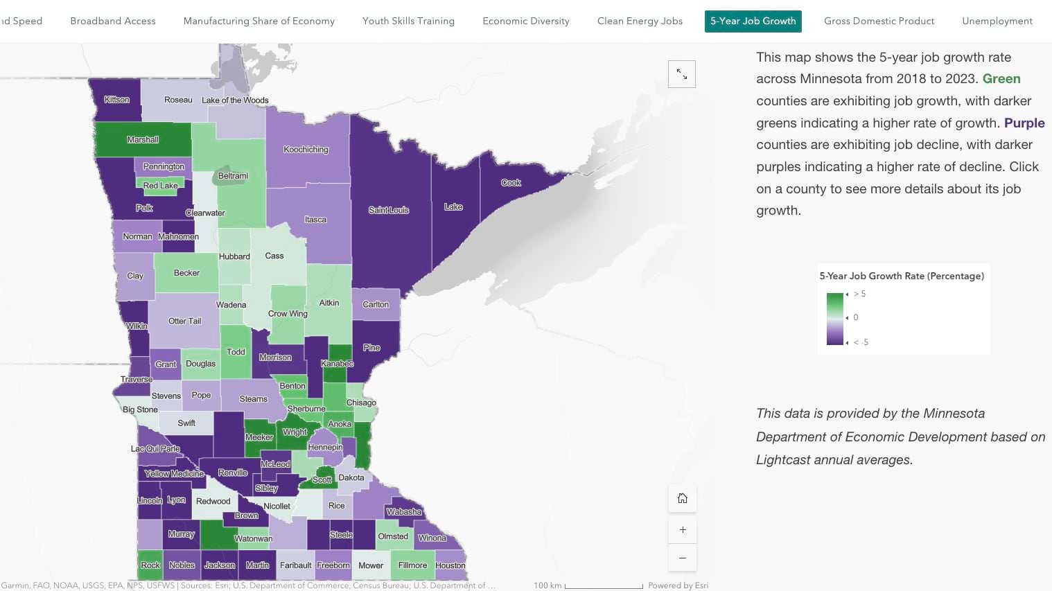 This map shows the 5-year job growth rate across Minnesota from 2018 to 2023.