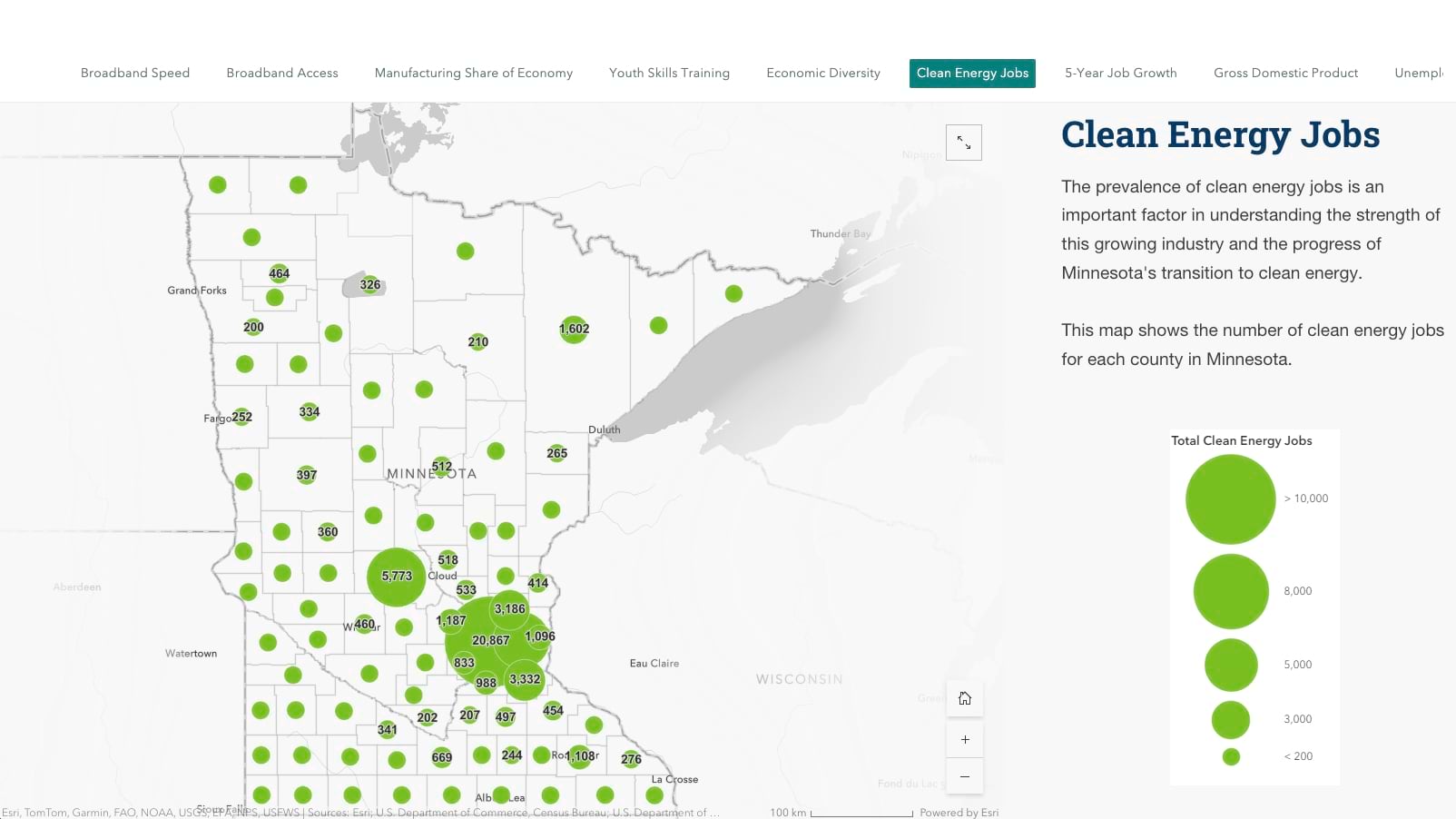 Map of clean energy jobs per county in Minnesota