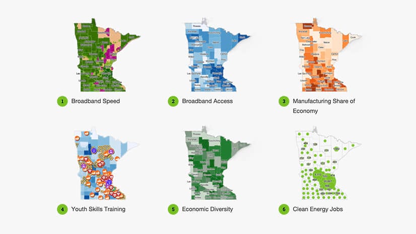 Minnesota maps show metrics like clean energy jobs and economic diversity