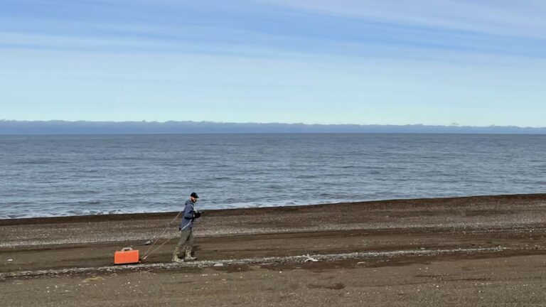 A project team member using ground-penetrating radar along the Point Hope shoreline to assess permafrost and groundwater below the surface