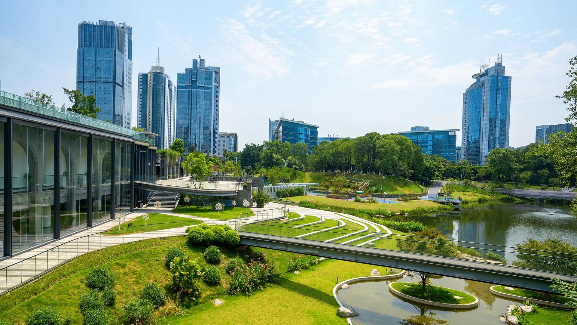 A corporate campus with green space represents the growth of the enterprise technology GIS.