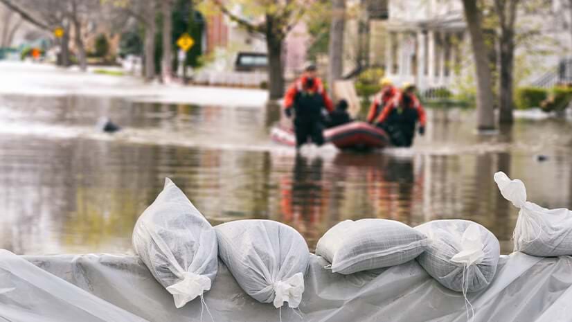 Sandbags and a water rescue signify the hope inherent in the insurance industry.