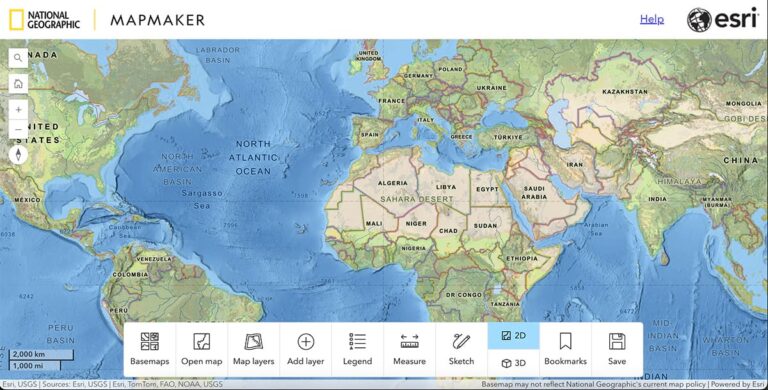 The National Geographic MapMaker interface with a map of the world and a menu pane