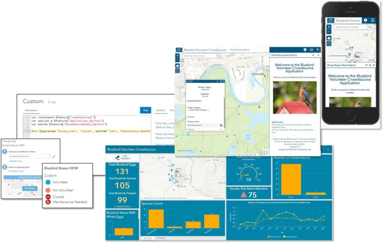 A collage of images shows a mobile phone app, a dashboard, a map, and more.