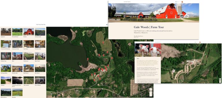 A collage of photos show points of interest at Gale Woods Farms