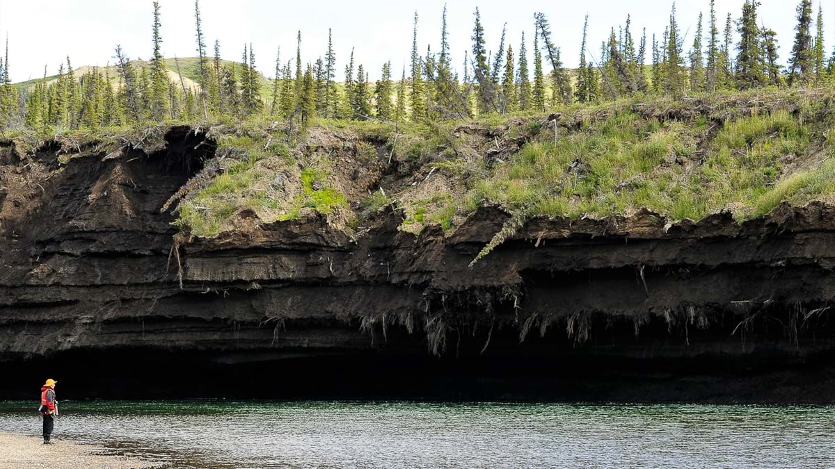 A ground view of a cliff created by permafrost thaw