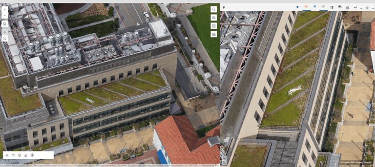 Two side-by-side aerial images show rooftops, windows, and other building features.