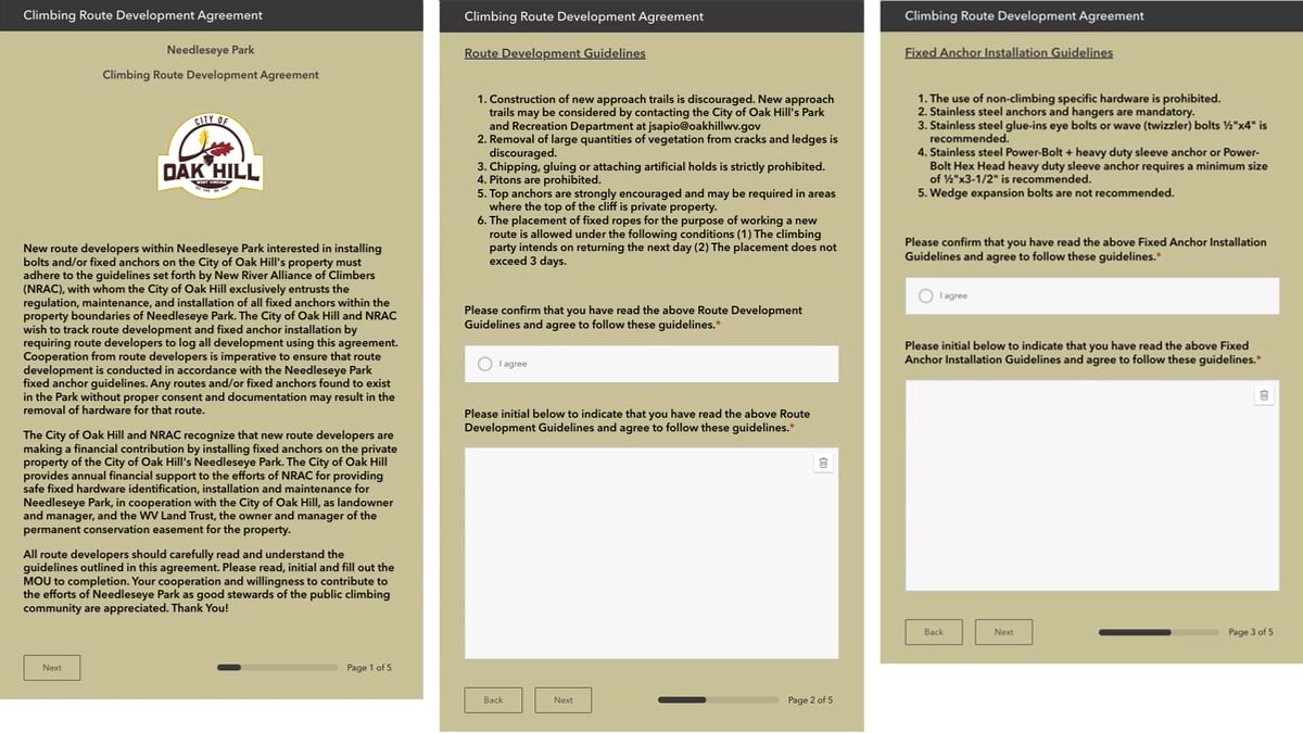 The survey form climbers use to propose new climbing routes at Needleseye Park