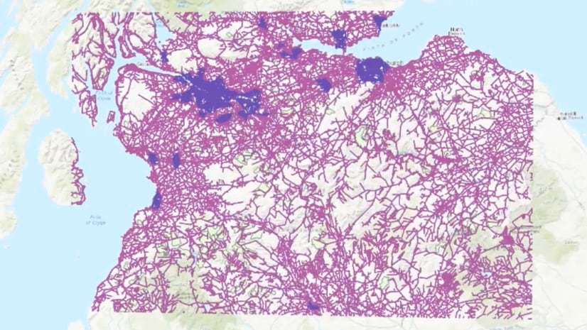 A map of land and ocean areas, with purple areas and interconnected pink lines.