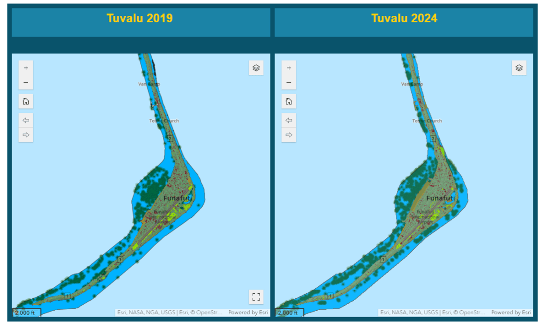 A comparison map of changes to landscape and infrastructure on the atoll of Funafuti from 2019 to 2024