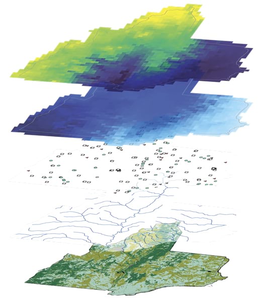 Five data layers stacked on top of one another that show, from the bottom, a basemap, a network of lines, a network of dots, a blue gradient, and a yellow-to-green-to-purple-to-blue gradient