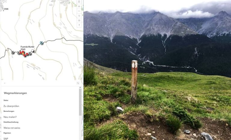 On the left, a trail map that shows different landmarks along the trail, and on the right, a photo of trail marker on top of a grassy hill, with snow-capped mountains in the background