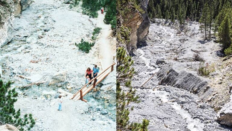 On the left, two adults and a child cross a bridge over a river while another child waits on the trail on the other side in the 1970s. On the right, a modern view of the area, with no trail and a wilder-looking river