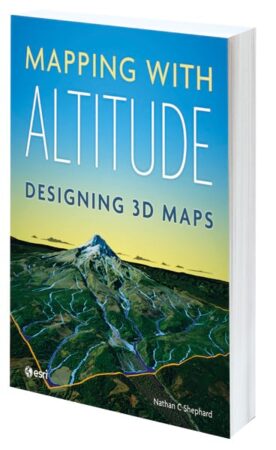 A blue book cover with a mountain on it that says, Mapping with Altitude: Designing 3D Maps