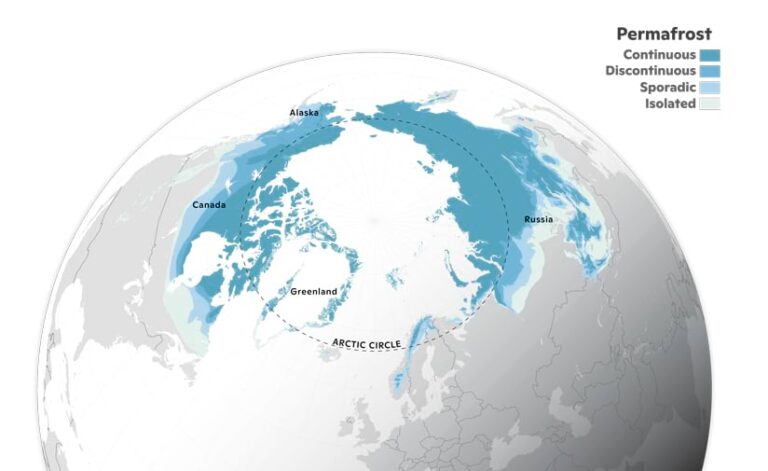 A grayscale globe focused in on the Arctic, with places with continuous permafrost in blue, places with discontinuous permafrost in lighter blue, places with sporadic permafrost in lighter blue, and places with isolated permafrost in blue-tinged white