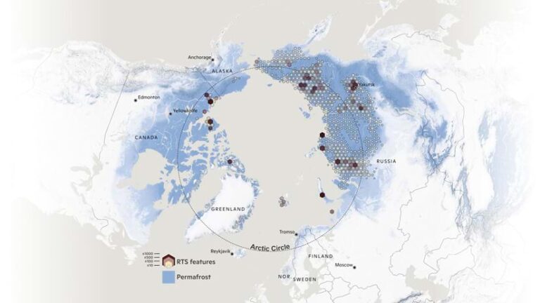 A map of the Arctic with permafrost areas shown in blue and places where abrupt thaw events have occurred marked with maroon, mauve, and beige dots