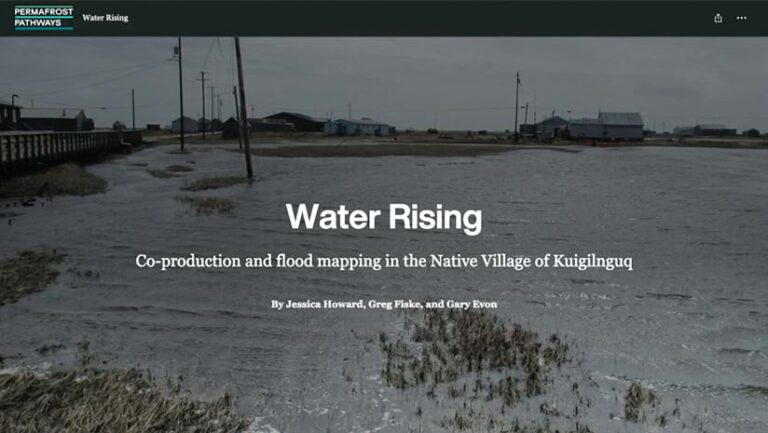 The intro screen to an ArcGIS StoryMaps story, showing water encroaching on a bridge and buildings