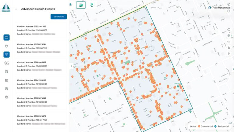 A map of several neighborhoods with dozens of buildings marked with orange locator points and a panel on the side that gives information about each building’s landlord and contract