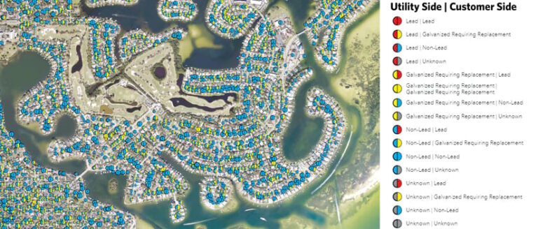 A map of a residential area surrounded by water, with blue and blue-and-yellow points marking utility lines that aren’t made from lead, plus a panel on the side that indicates which color points would indicate lead service lines