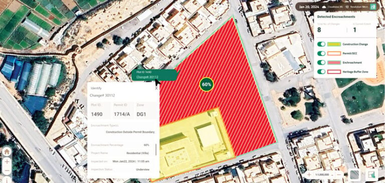 Aerial imagery of buildings and streets with one building highlighted in yellow and its surrounding property highlighted in red and a pop-up with information about that property