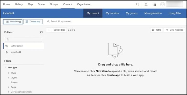 The ArcGIS Online interface, with the My content tab All my content option selected and a big window in the center of the page that says, “Drag and drop a file here”