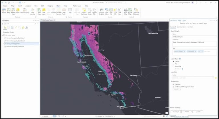 The ArcGIS Pro interface with a purple and blue map of California in the center