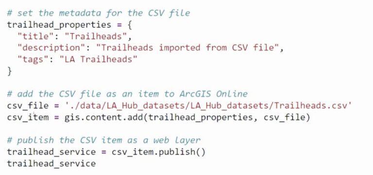 A Python script that shows how trailhead names can be imported as an item from a CSV file into ArcGIS Online