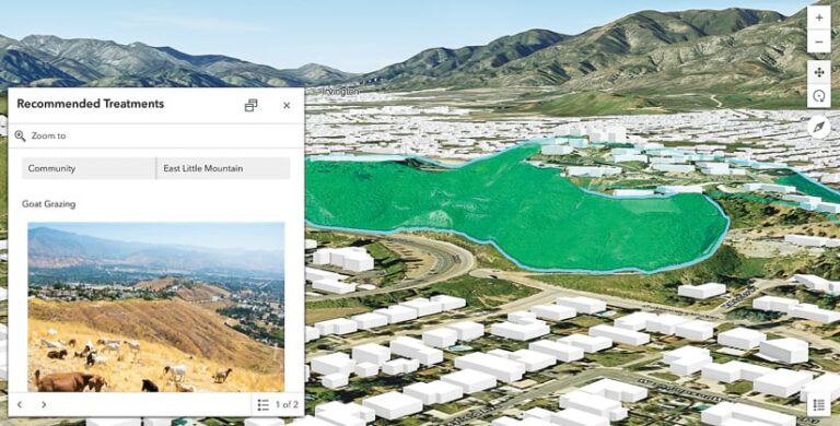 A 3D map of a populated area with a hill highlighted in green and an image of the hill with goats on it in the bottom-left corner of the map that’s labeled Recommended Treatments