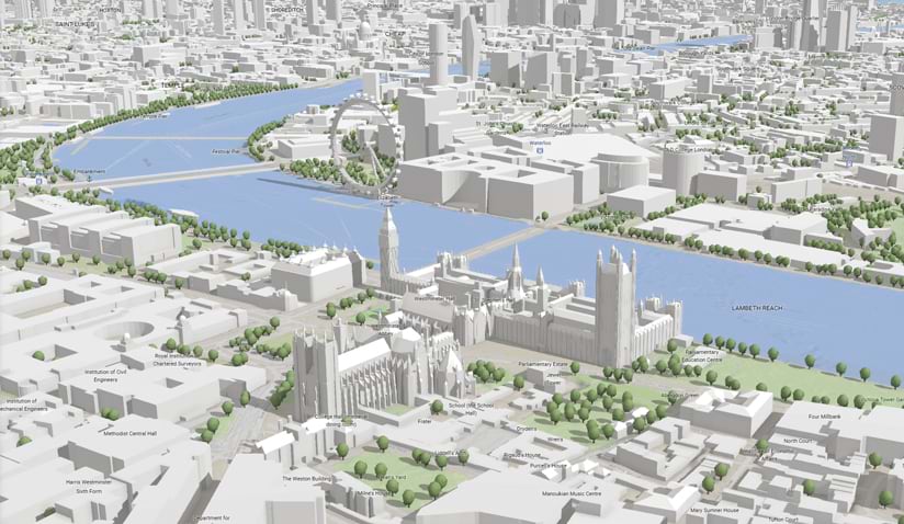 A 3D basemap of London, England, that shows—in great detail—the Thames, parliament and Big Ben, the London Eye, and the rest of the urban landscape in the area