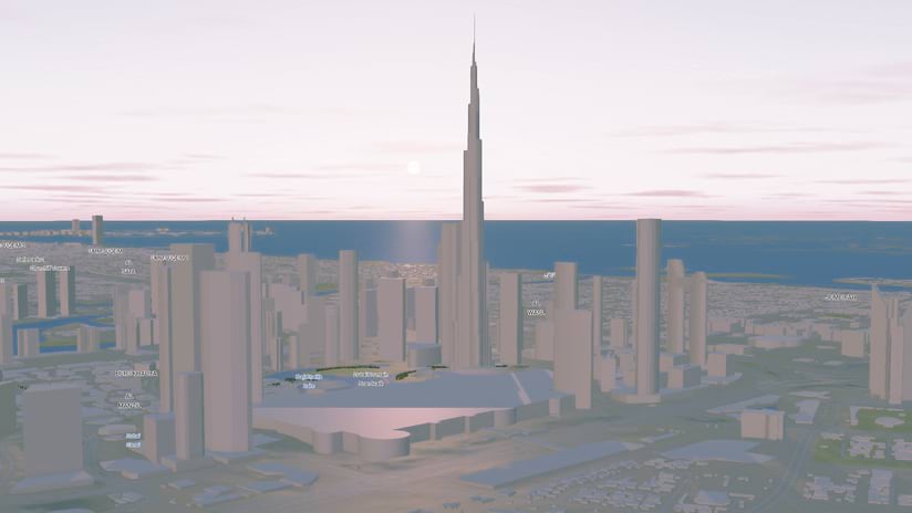 A 3D basemap of Dubai, the United Arab Emirates, that shows very tall buildings with labels near water at sunset