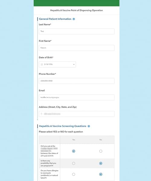 An ArcGIS Survey123 form that records general patient information, including last and first names, date of birth, phone number, email address, physical address, and answers to a series of questions related to the hepatitis A outbreak and vaccine eligibility