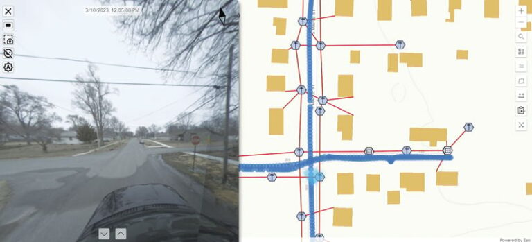 A split screen showing, on the left, a video of an intersection captured by a camera in a car and, on the right, a map of streets, homes, and fiber networks that corresponds to the car’s location