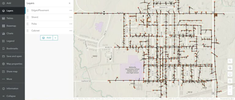 Within the ArcGIS interface, a map of a neighborhood that shows, in black lines and orange dots, the fiber network