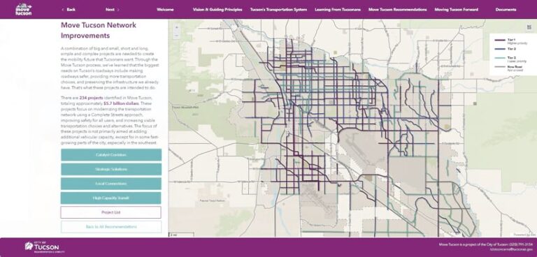 The Move Tucson app interface, with a map of Tucson showing where tier 1, 2, and 3 updates will be made to roads and where new roads will be, as well as an information bar that explains the projects and the investments and has buttons for users to get more information on local connections, high-capacity transit, and more