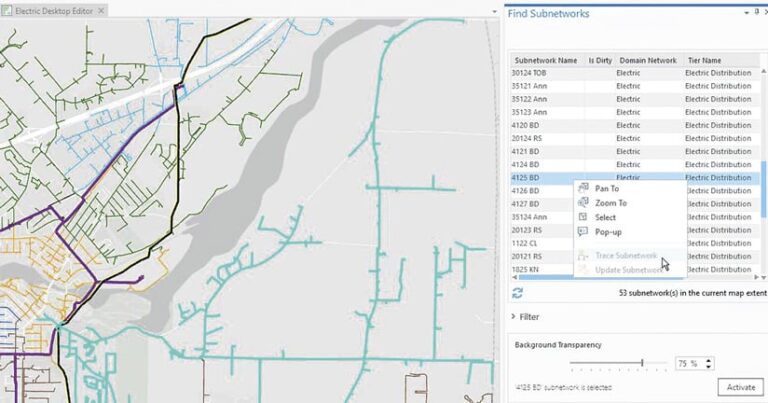 A map of the electric grid—shown in green, yellow, blue, brown, and purple lines—in a few neighborhoods next to a menu labeled “Find Subnetworks” with a mouse arrow hovering over the Trace Subnetwork option