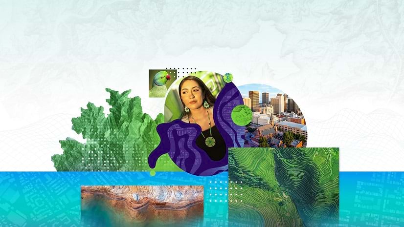 A collage of images including a bird, maps, a city skyline, and a woman wearing green jewelry.