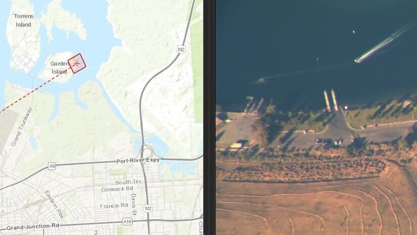 On the left is a map of a developed area, including several maps; on the right is an aerial view of a coastal area.