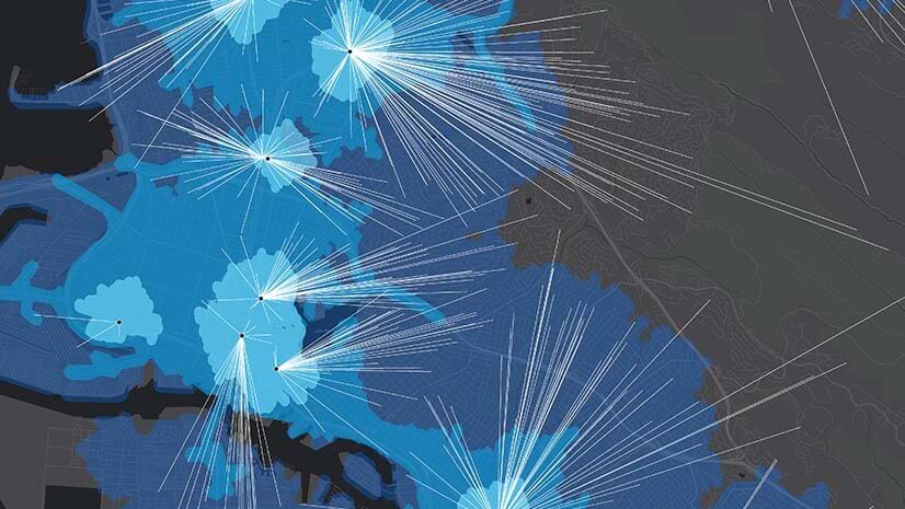 A map with routes stretching out from fixed points represents commute analysis