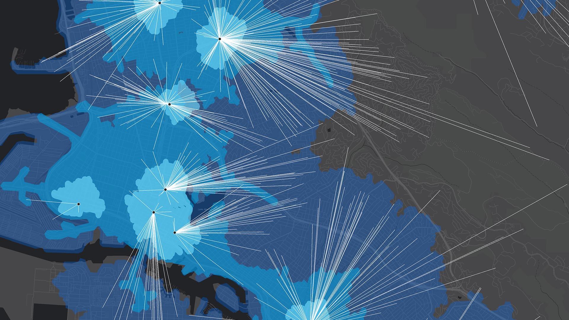 A commute analysis might look like this map, with routes stretching out from fixed points