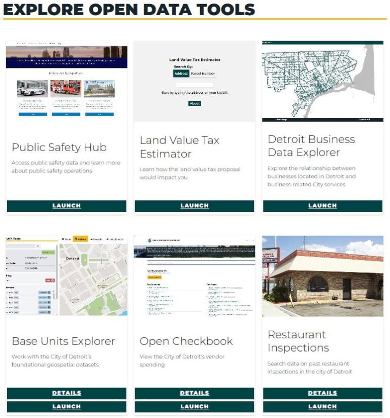Under the title, Explore Open Data Tools, there are six boxes with descriptions of different data applications.