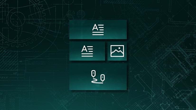 Symbols for text, images and directions overlay a technical schematic