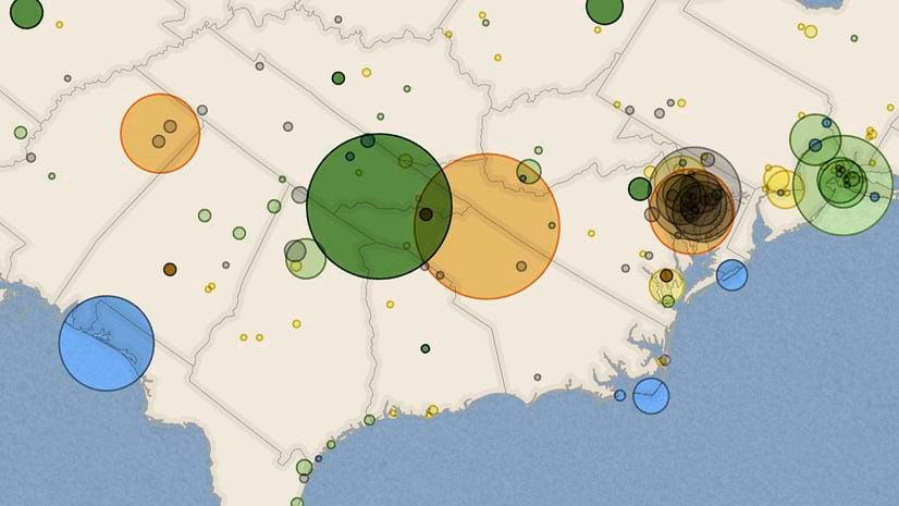 A map of the eastern United States with transparent circles of different sizes and colors