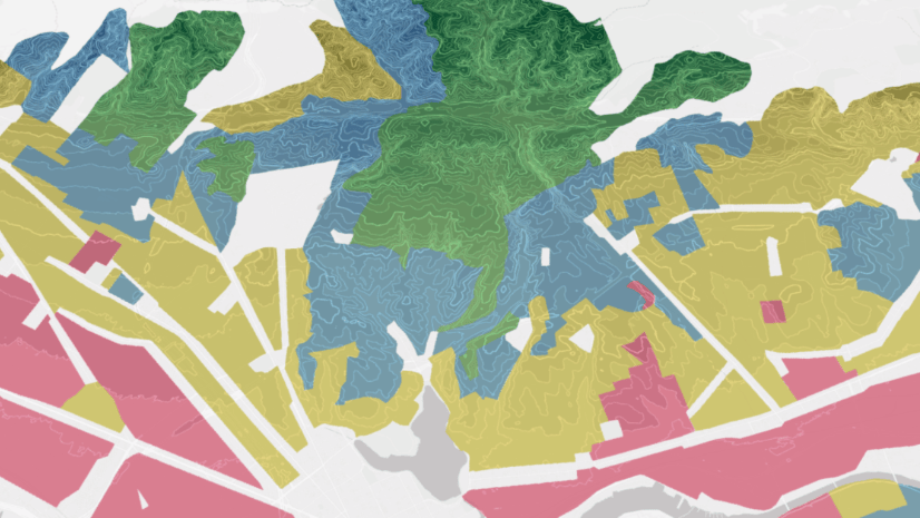 An abstract map picture showing different colored topographic images